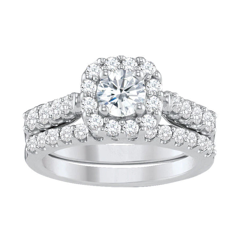 14k White Gold 1.50TDW Diamond Solitaire With Halo and Sides Diamonds Wedding Set