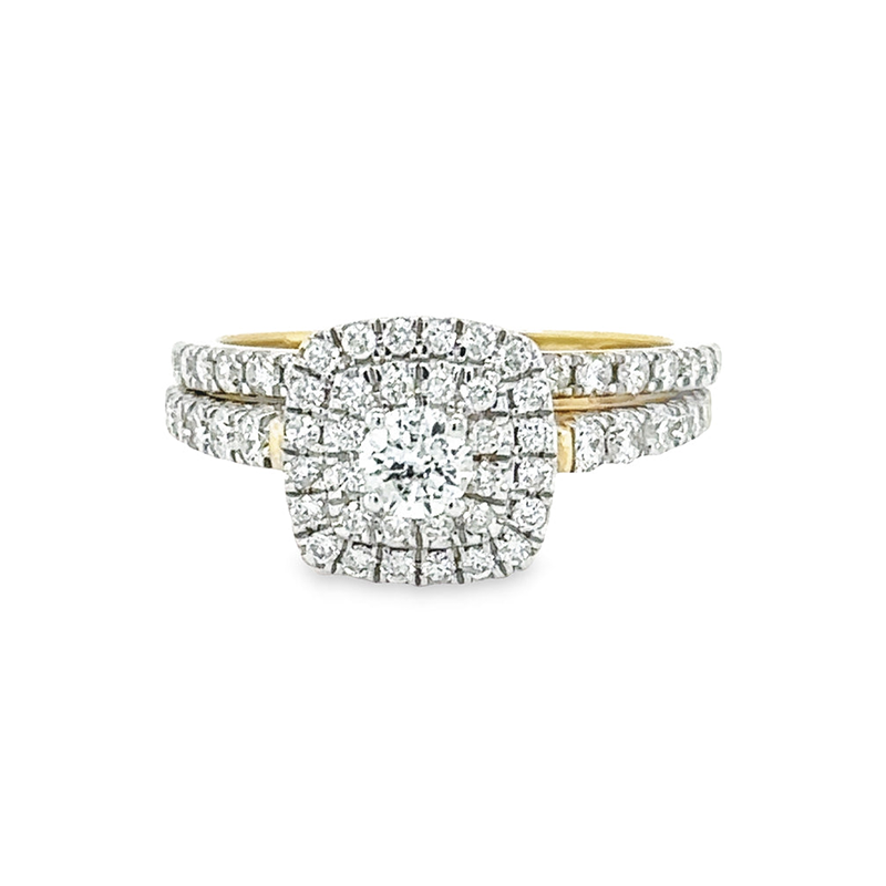 1.00TDW &amp; 10K Yellow Gold Diamond Bridal Set with Floral Center and Micro Pave Band