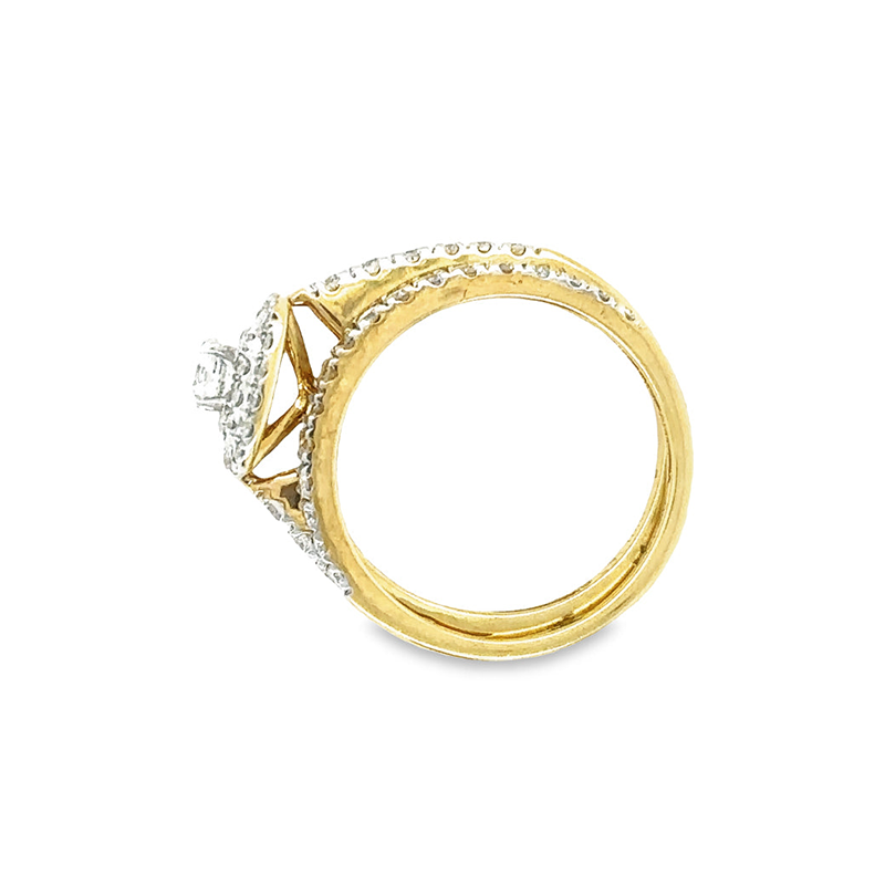 1.00TDW &amp; 10K Yellow Gold Diamond Bridal Set with Floral Center and Micro Pave Band