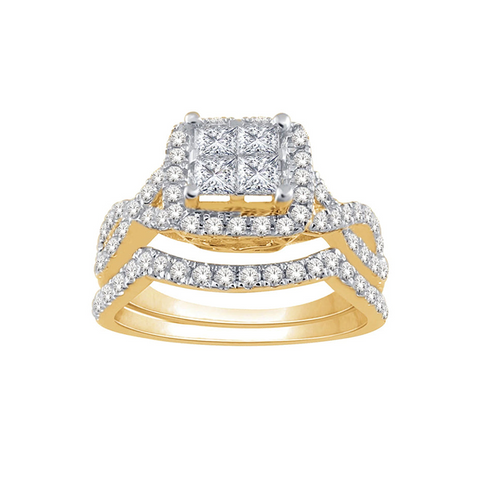 14k Yellow Gold 1.00TDW Diamond Quad Halo Bridal Set with Eternity Shank