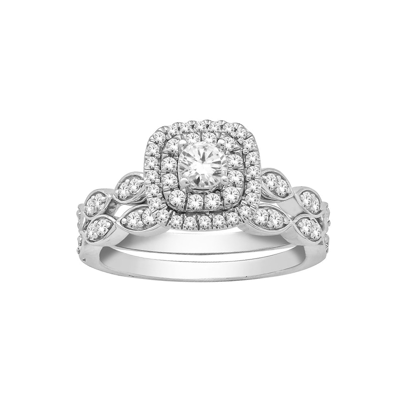 10K White Gold Bridal Set with 1.00TDW 54 Round Brilliant Cut Natural Diamonds