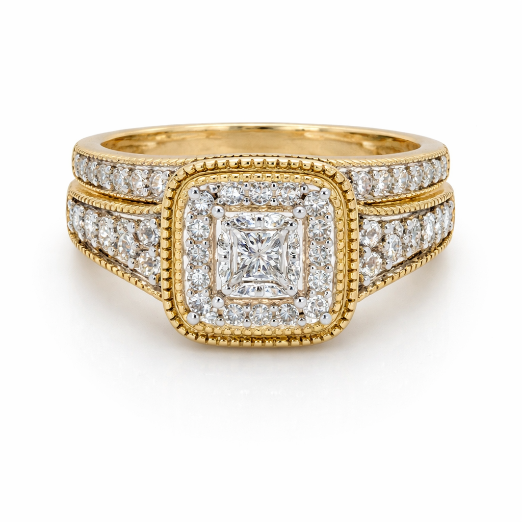14K Yellow Gold 0.50TDW Princess Diamond Halo Wedding Set
