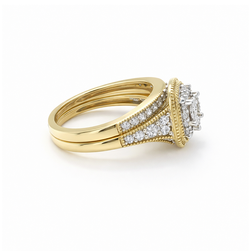 14K Yellow Gold 0.50TDW Princess Diamond Halo Wedding Set