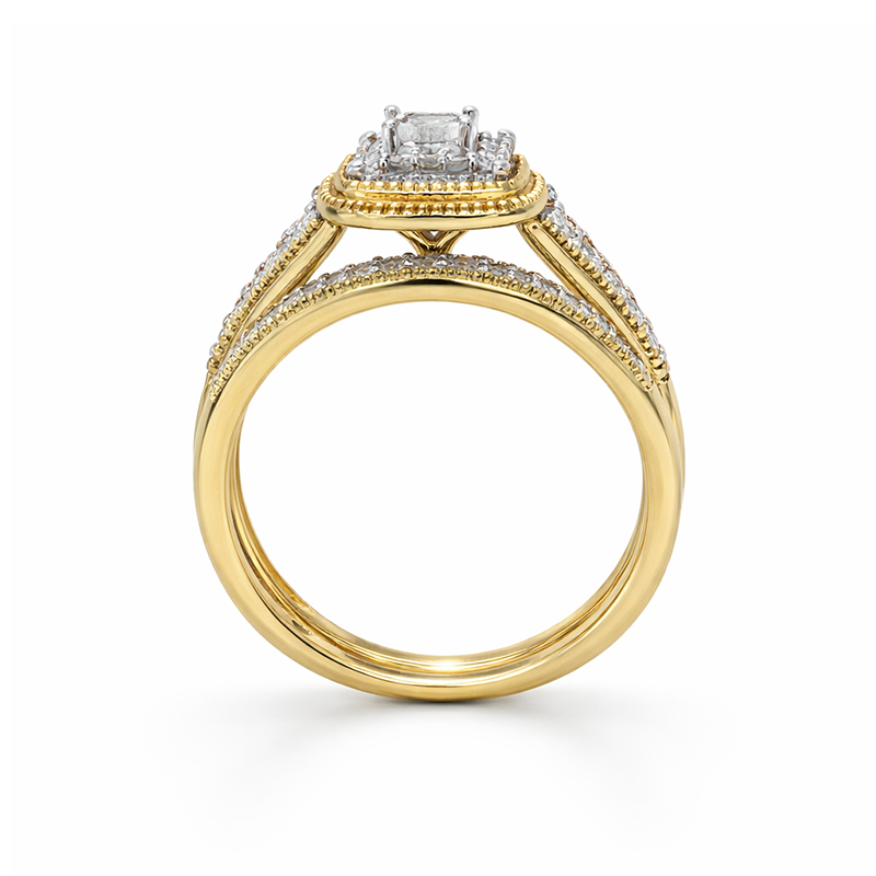 14K Yellow Gold 0.50TDW Princess Diamond Halo Wedding Set