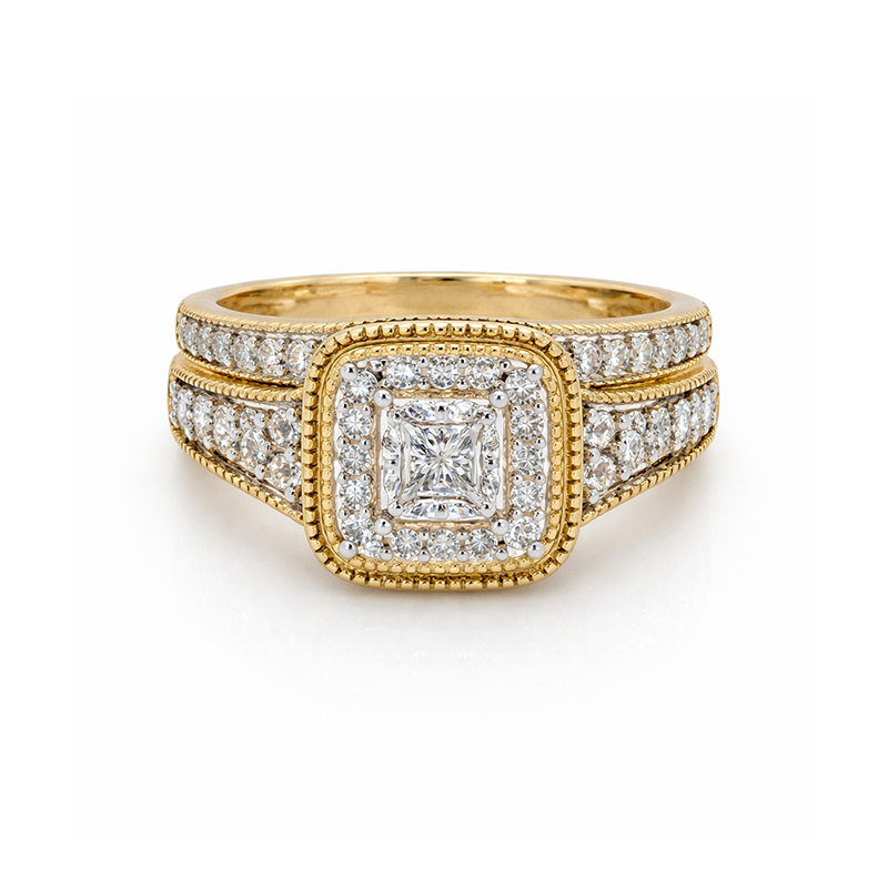 14K Yellow Gold 0.50TDW Princess Diamond Halo Wedding Set