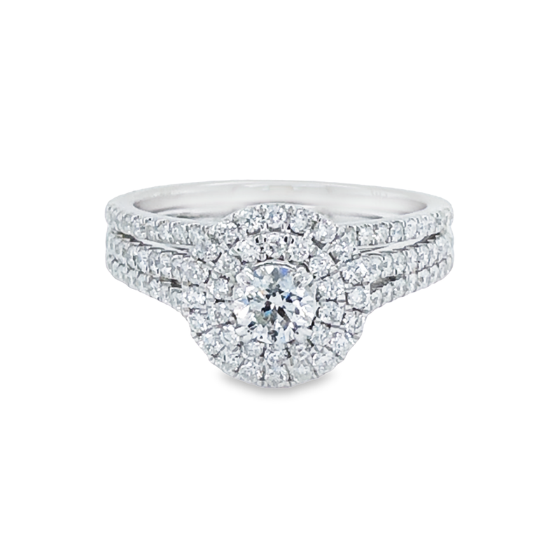 14K White Gold 1.00TDW Diamond Double Round Halo Engagement Bridal Set