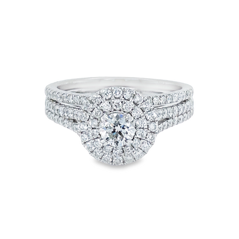 14K White Gold 1.00TDW Diamond Double Round Halo Engagement Bridal Set