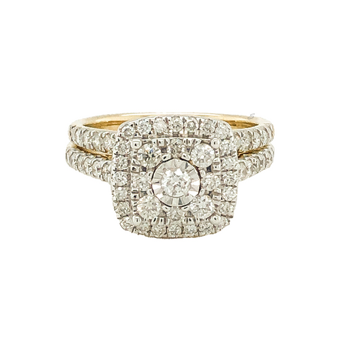 10K Yellow Gold 1.00TDW Diamond Illusion Head Cushion Halo Bridal Set