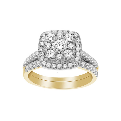 10K Yellow Gold 1.00TDW Diamond Illusion Head Cushion Halo Bridal Set