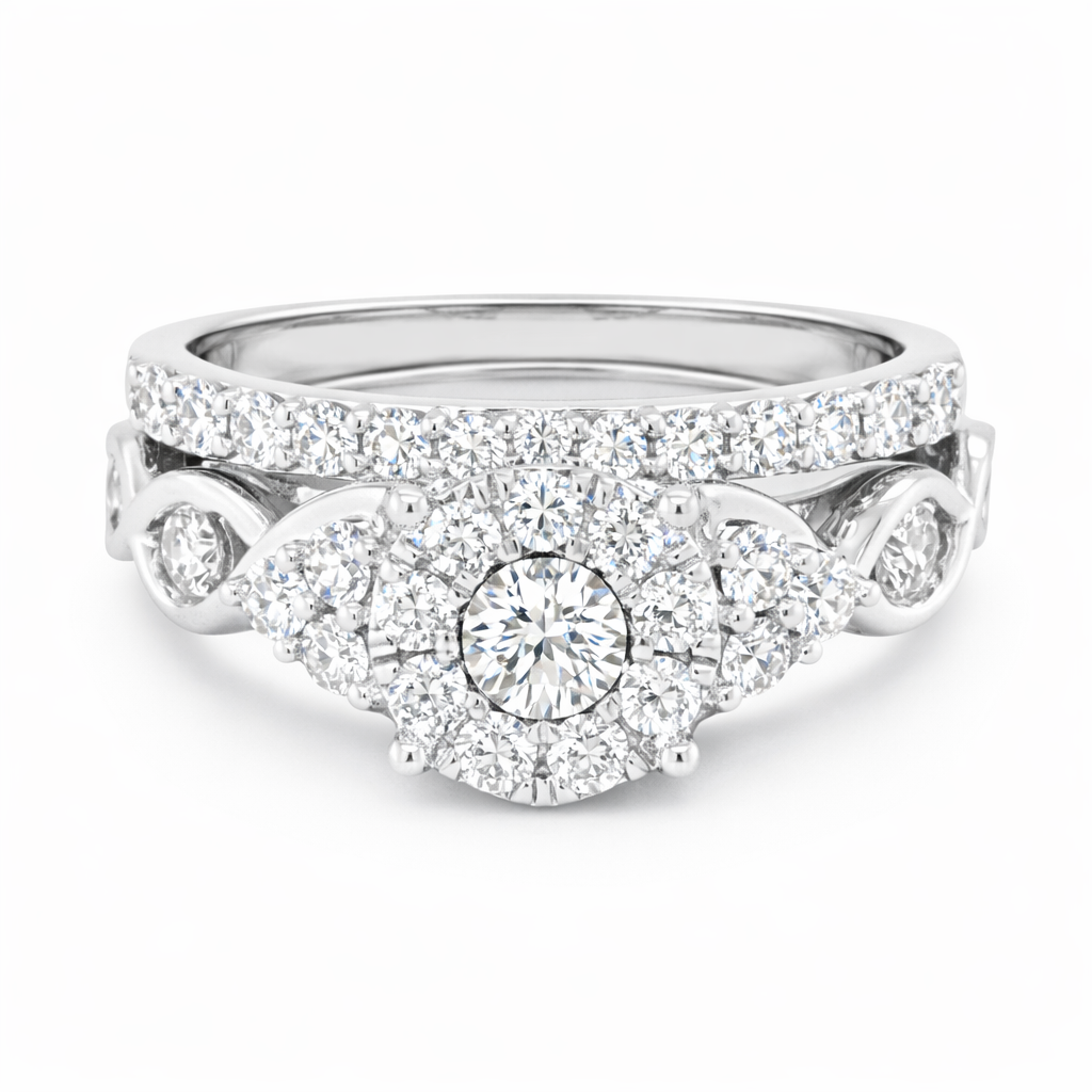 10K White Gold 1.00TDW Diamond Halo Wedding Set