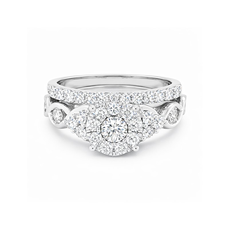 10K White Gold 1.00TDW Diamond Halo Wedding Set