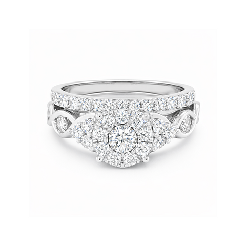 10K White Gold 1.00TDW Diamond Halo Wedding Set