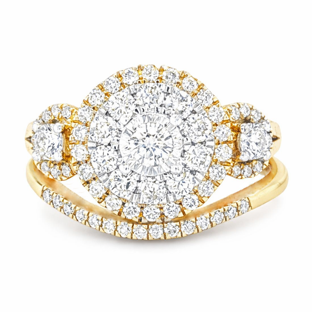 1.00TDW 10K Yellow Gold Diamond Halo Bridal Set with Round Center Stone