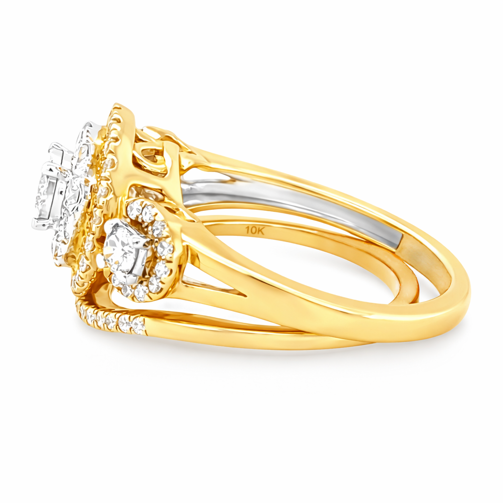 1.00TDW 10K Yellow Gold Diamond Halo Bridal Set with Round Center Stone