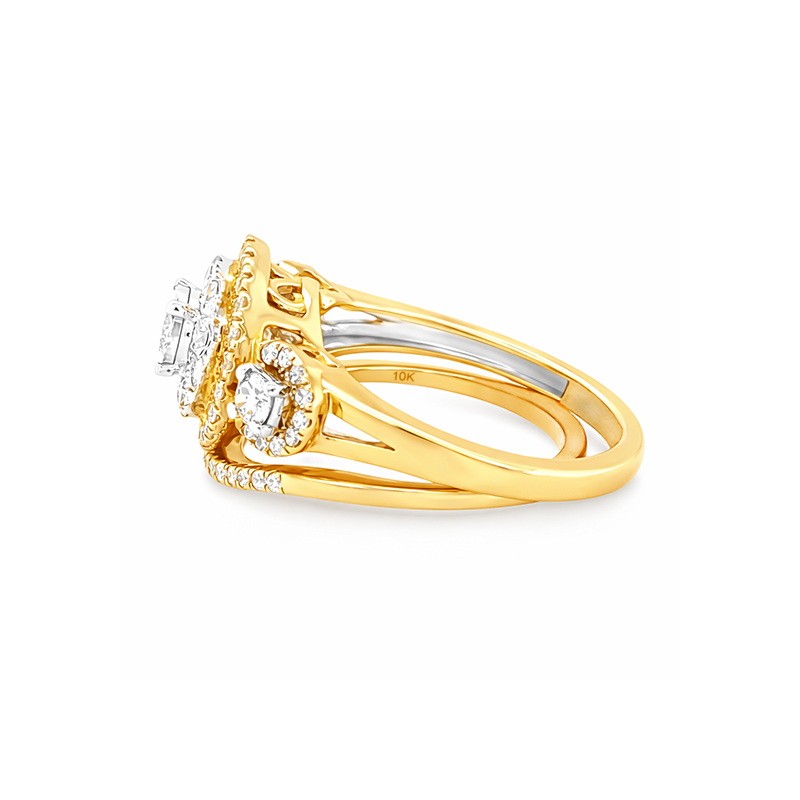 1.00TDW 10K Yellow Gold Diamond Halo Bridal Set with Round Center Stone