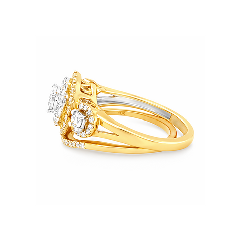 1.00TDW 10K Yellow Gold Diamond Halo Bridal Set with Round Center Stone