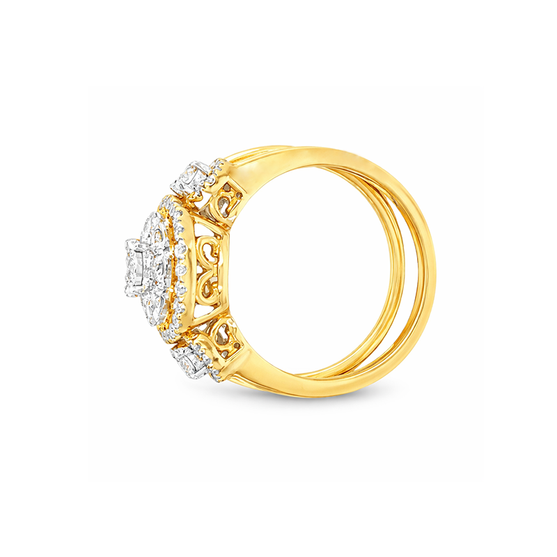 1.00TDW 10K Yellow Gold Diamond Halo Bridal Set with Round Center Stone
