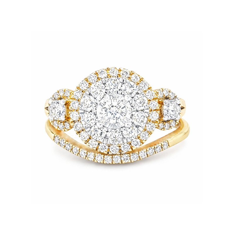 1.00TDW 10K Yellow Gold Diamond Halo Bridal Set with Round Center Stone