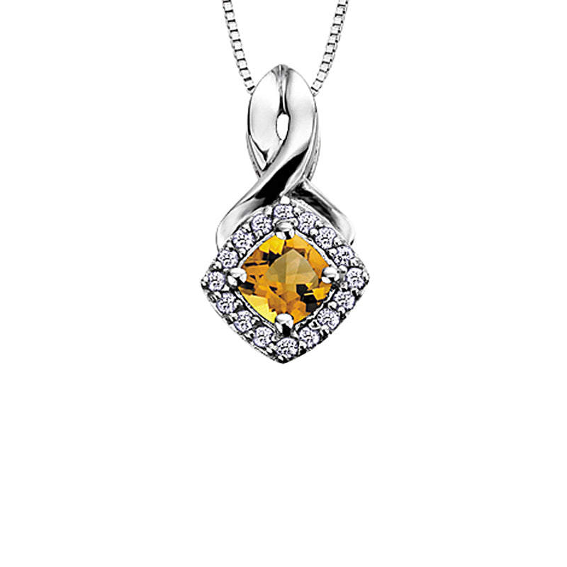 10K White Gold Citrine and Diamond Halo Pendant with Chain