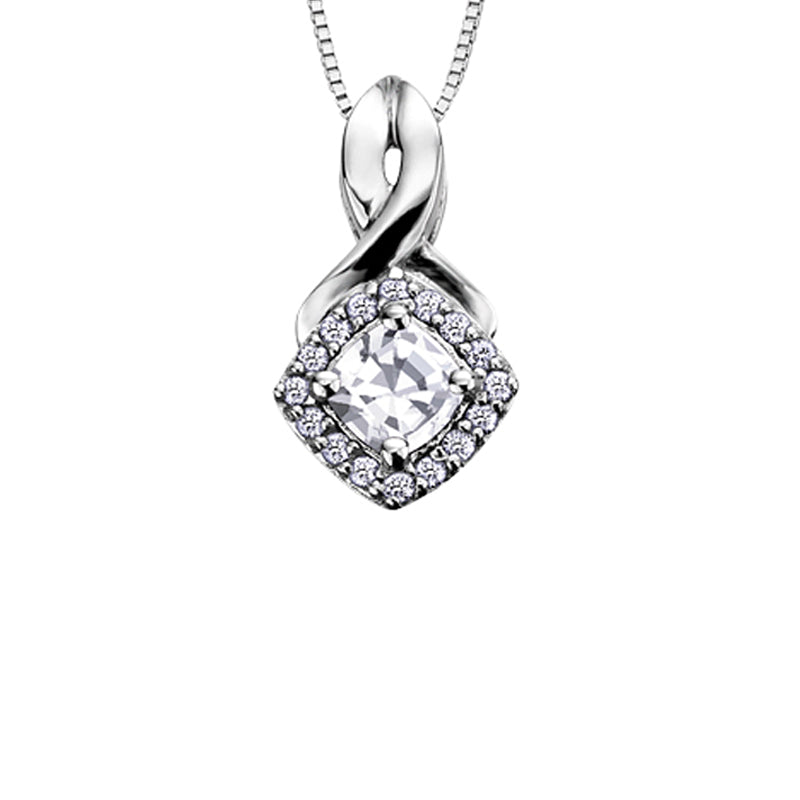 10K White Gold White Zircon and Diamond Halo Pendant with Chain