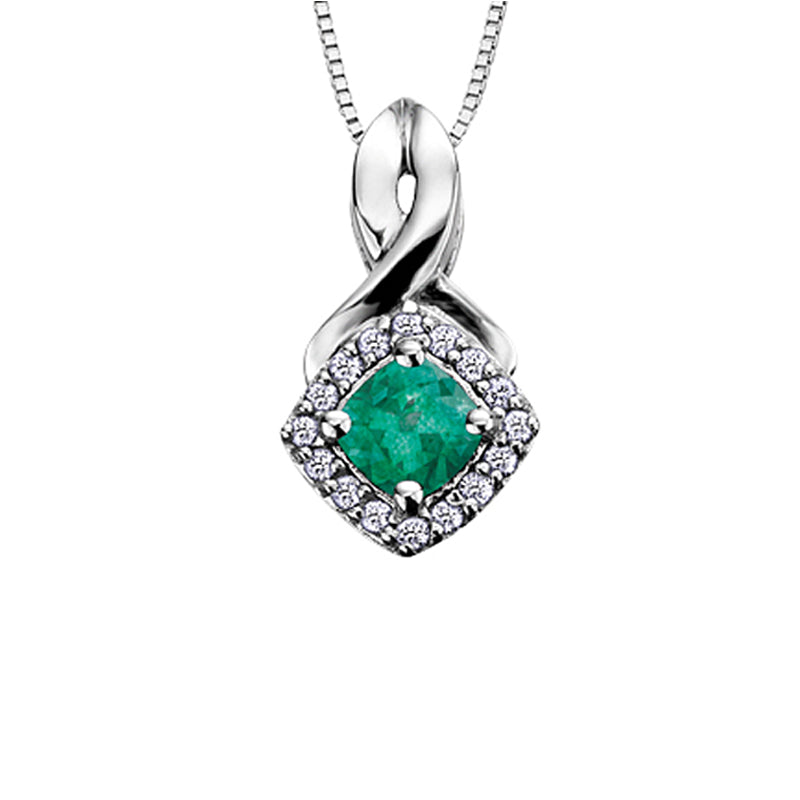 10K White Gold Emerald and Diamond Halo Pendant with Chain
