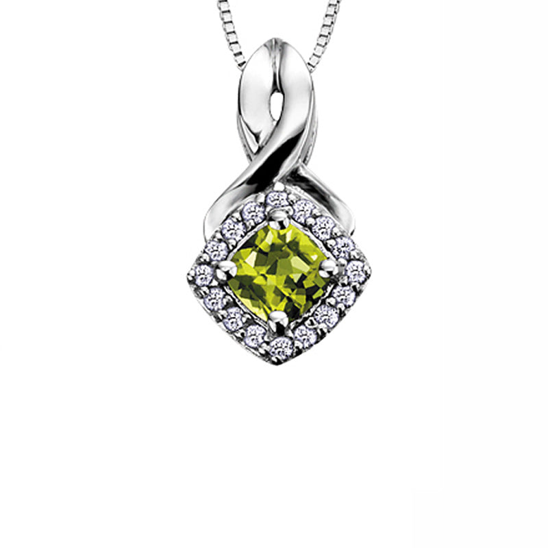 10K White Gold Peridot and Diamond Halo Pendant with Chain