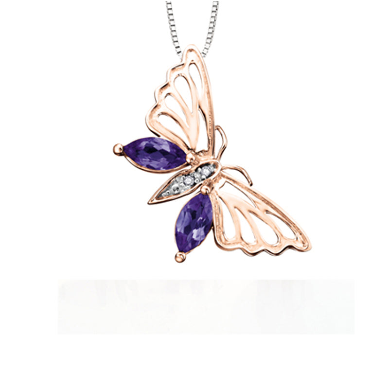 10K Rose &amp; White Gold 6X3mm Amethyst and Diamond Pendant