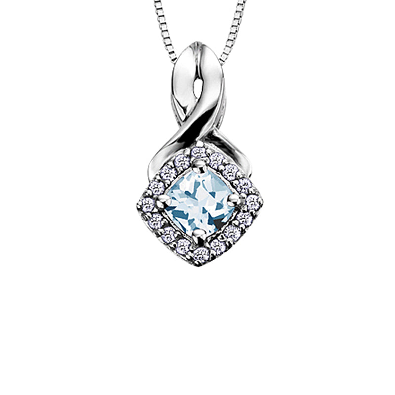 10K White Gold Aquamarine and Diamond Halo Pendant with Chain