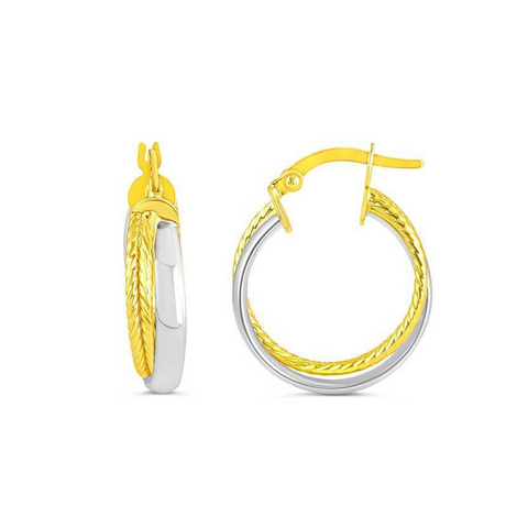 10k White and Yellow Gold Fancy Hoop Earrings
