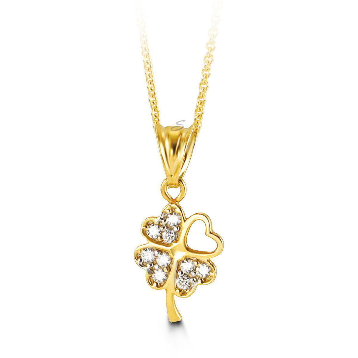10K Yellow Gold CZ Clover Heart Charm Pendant with Chain