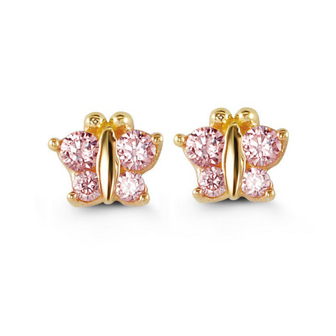 14k Yellow Gold Butterfly Shape Pink CZ Baby Earrings