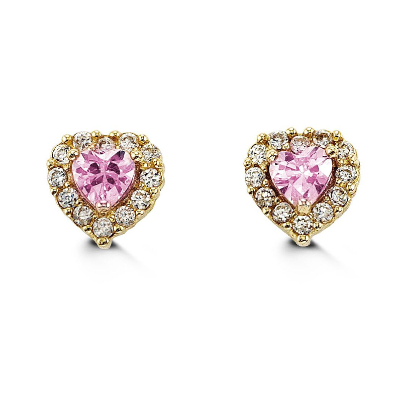 14K Yellow Gold Pink Heart Shape CZ Baby Earrings