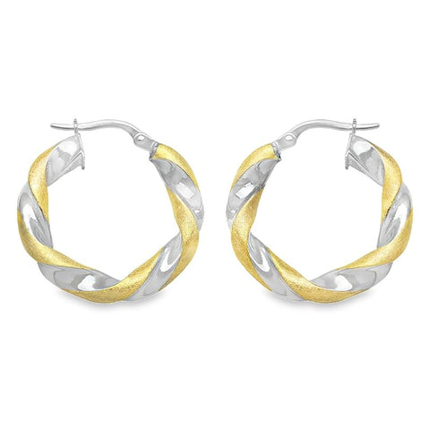 14K Two-Tone Gold Satin Finished Twisted Hoop Earrings