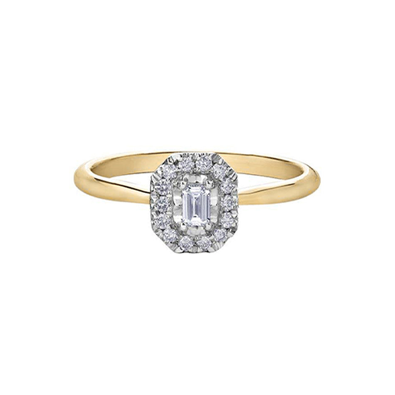 10K Yellow and White Gold 0.20 Carat Emerald Cut Diamond Halo Ring