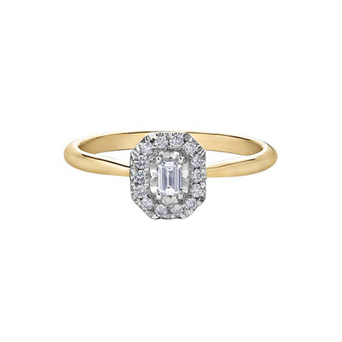 10K Yellow and White Gold 0.20 Carat Emerald Cut Diamond Halo Ring
