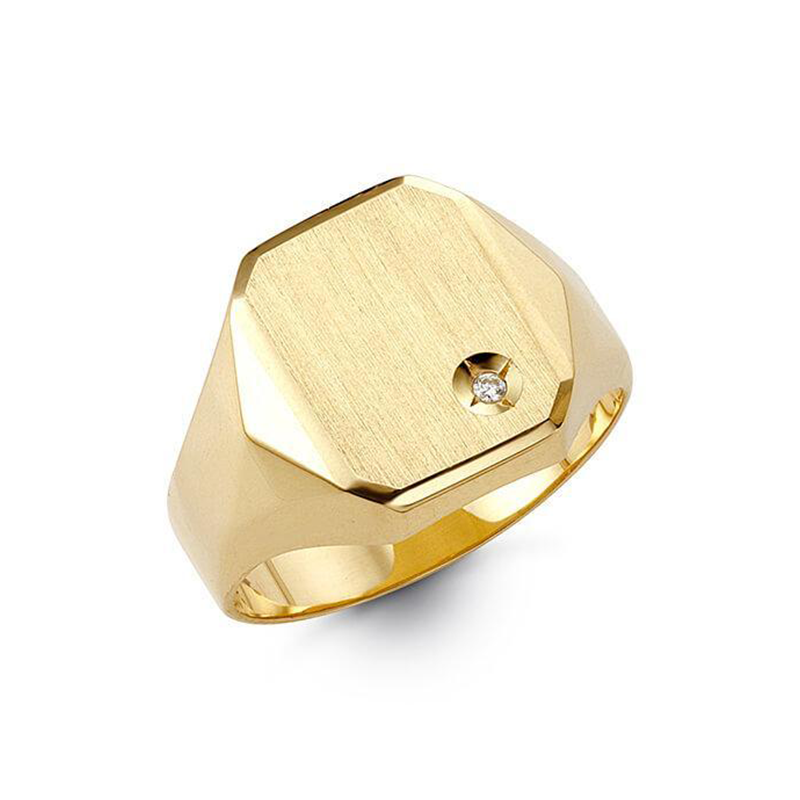 10K Yellow Gold Mens Signet Hexagonal Ring With CZ Stone