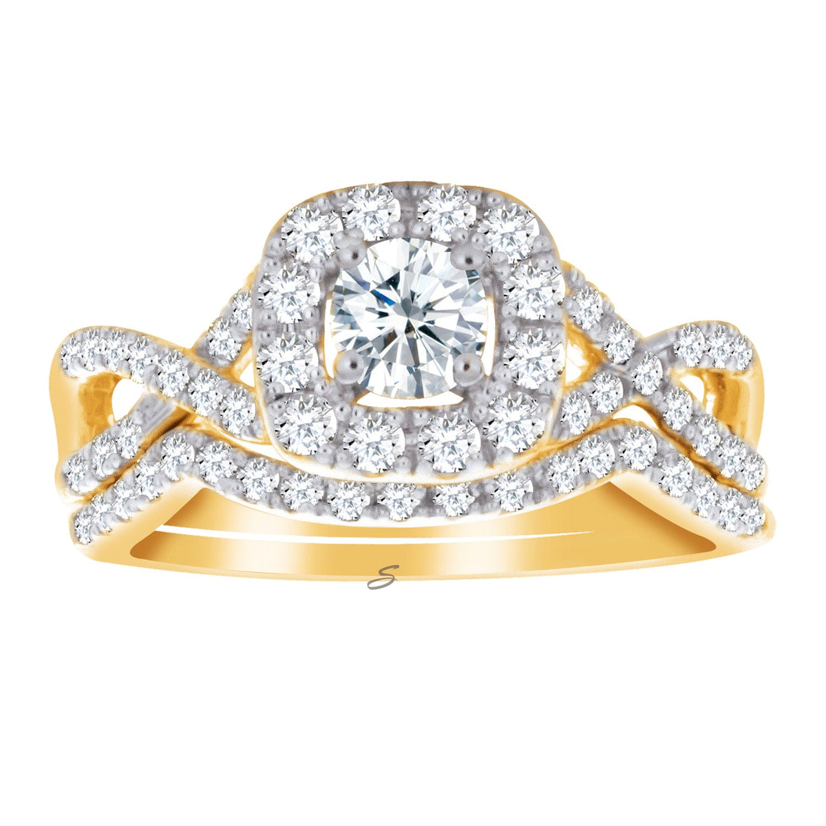 14k Yellow Gold 1.00TDW Diamond Halo Wedding Set with Infinity Style Setting