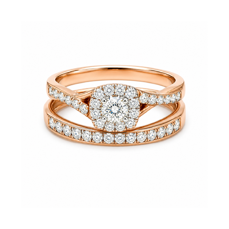 10K Pink Gold 0.50TDW Diamond Bridal Set with Halo Design