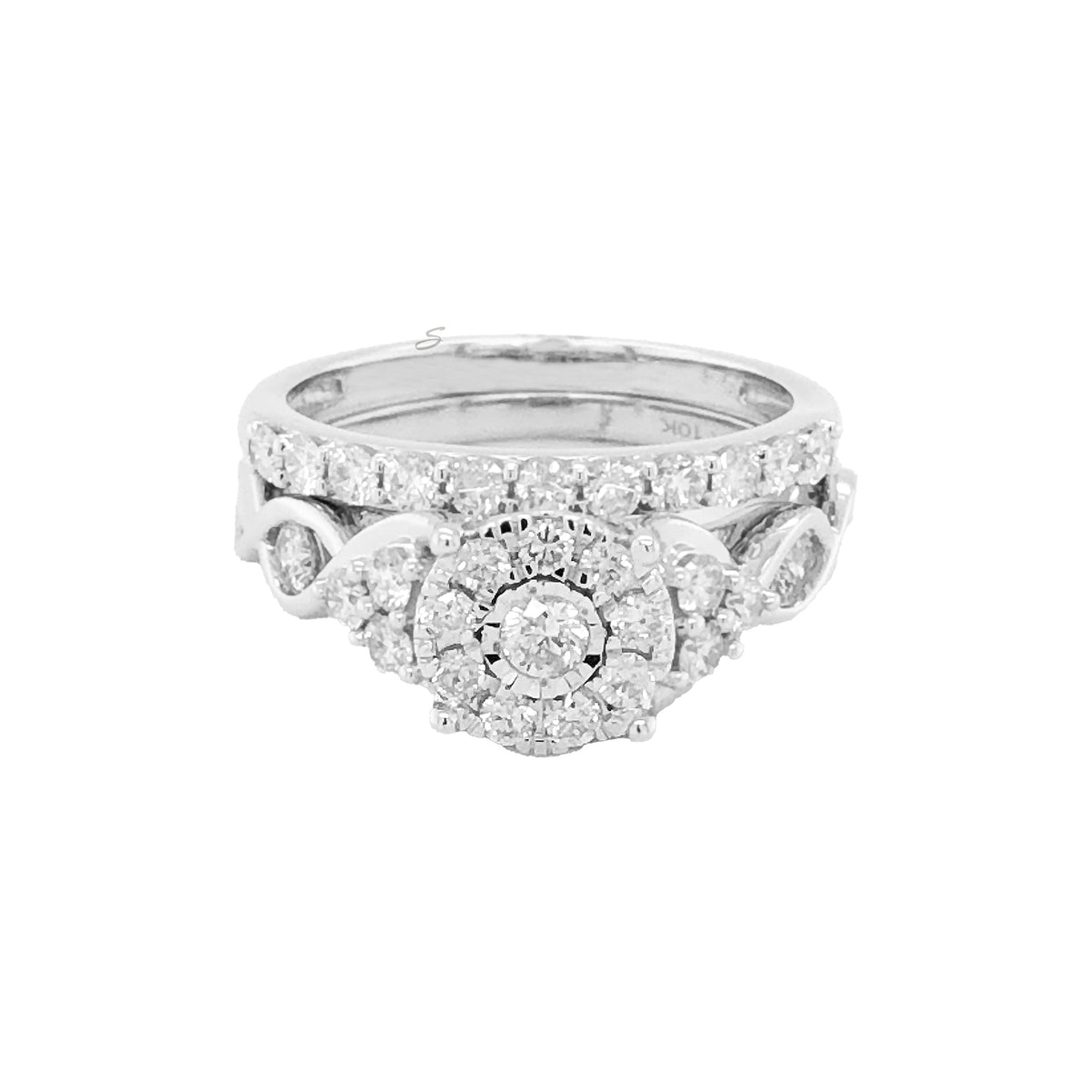 10K White Gold 1.00TDW Diamond Halo Wedding Set