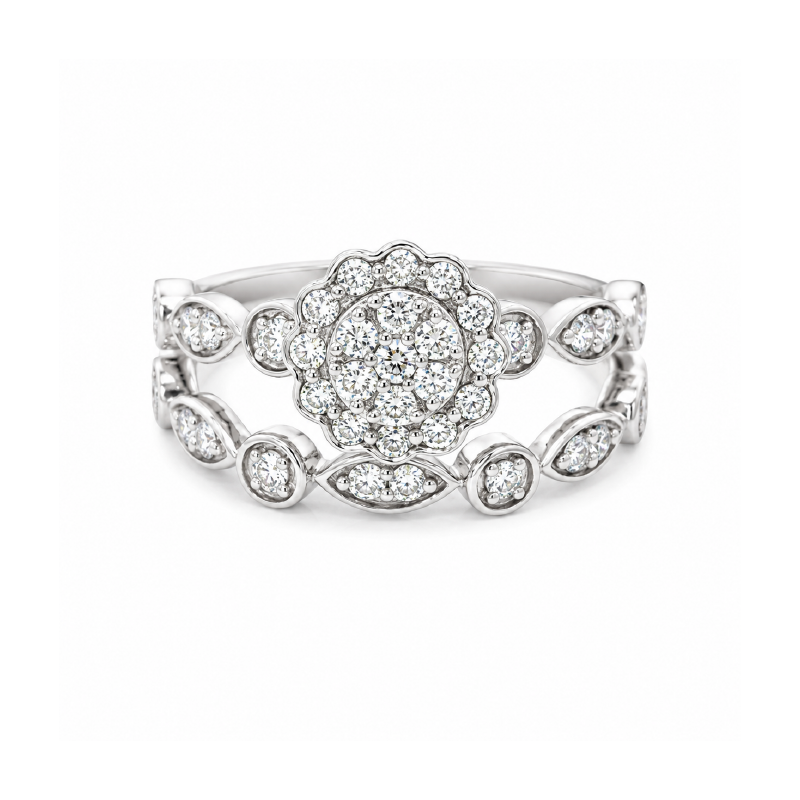 1.00 TDW Floral Diamond Bridal Set in 10K White Gold 