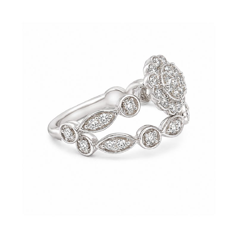 1.00 TDW Floral Diamond Bridal Set in 10K White Gold