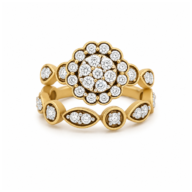 1.00 TDW Floral Diamond Bridal Set in 10K Yellow Gold