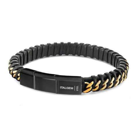Black IP Stainless Steel & Gold IP Curb-Link Leather Bracelet 8.5