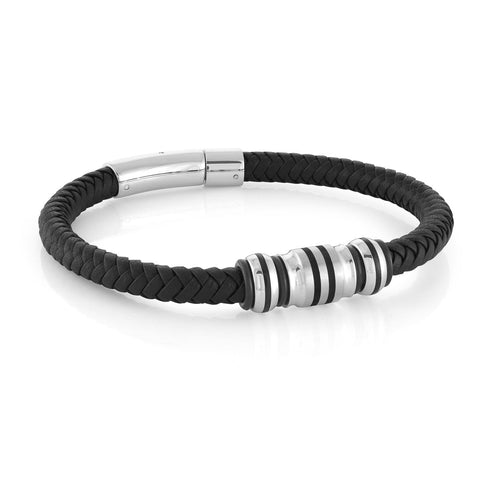 Stainless Steel & Black IP Beads Leather 8.25