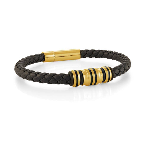 Gold IP Stainless Steel Black-Lined Leather 8.25