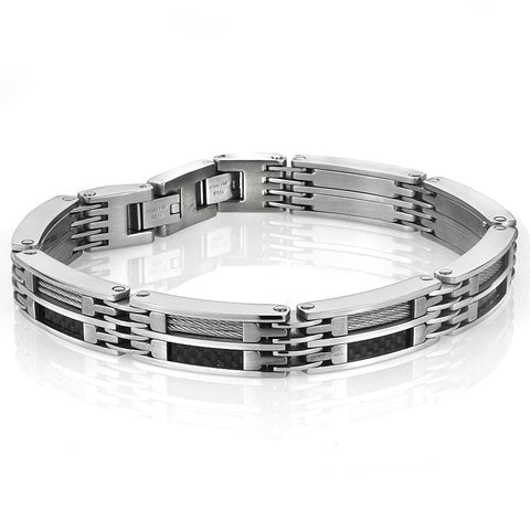 Stainless Steel Carbon Fiber Cable Bracelet – Adjustable 8–8.5