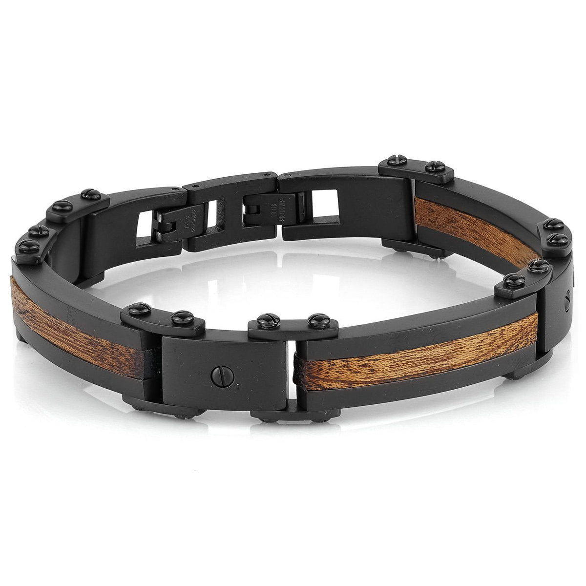 Black IP Matte Stainless Steel Wood Inlay 8.25–8.75" Adjustable Bracelet