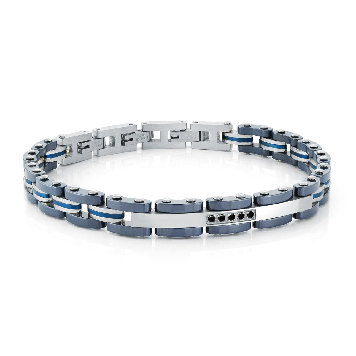 Blue IP Stainless Steel Bracelet with Black CZ – Adjustable 7.5–8.5"