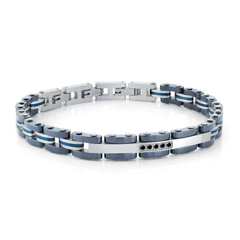 Blue IP Stainless Steel Bracelet with Black CZ – Adjustable 7.5–8.5