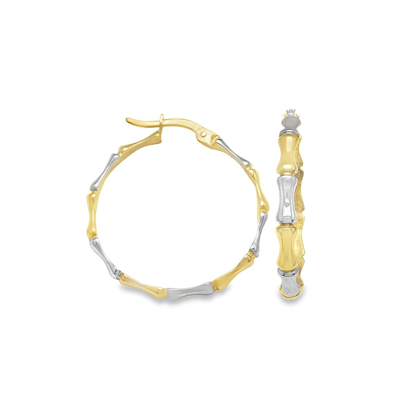 14K Two Tone Gold Bamboo Design Hoop Earrings